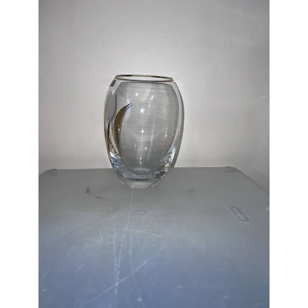 BOHEMIA Hand Made Tulip Crystalex Glass Vase with Gold Trim